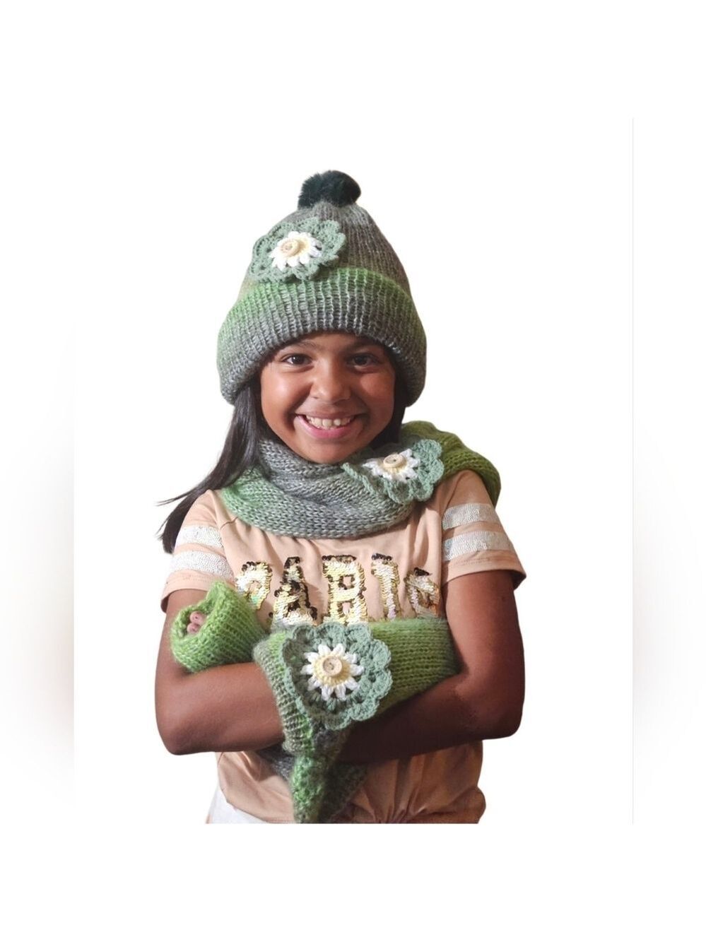 Hand Crafted Crochet Winter 3pc Set Green Ombré Beanie Scarf gloves wool floral